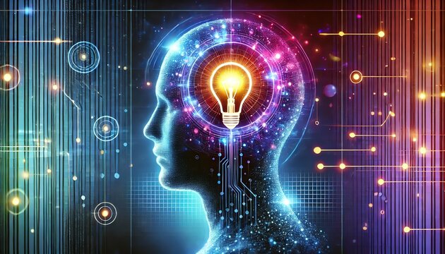 A futuristic, digital-themed image featuring a human head silhouette composed of glowing blue and purple hues