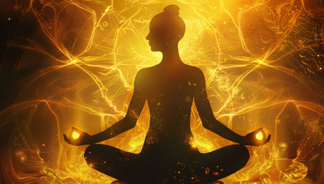 solar plexus chakra meditation silhouette, cosmic, radiant, glow, yoga