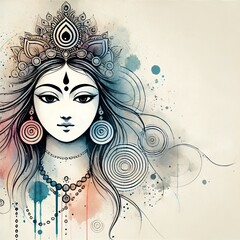 Maha navami watercolor illustration with durga portrait.