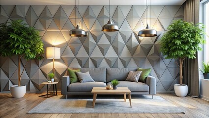 Modern minimalist living room with geometric triangle shapes on walls, floor lamps, and a sleek gray sofa surrounded by natural light and plants.