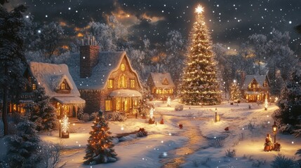 Naklejka premium Snowy Christmas Village with Glowing Lights