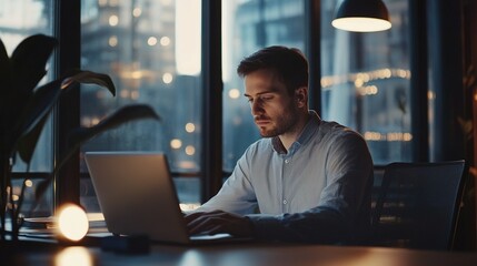 Man working at a laptop in a contemporary office, focused and productiveperson