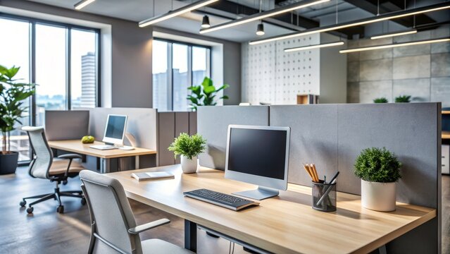 Modern office cubicle with a grey wall dividing the workspace, featuring a computer, papers, and office supplies, with a blurry background of coworkers.