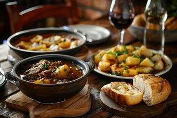 Rustic meal with hearty stew, roasted potatoes, fresh bread, and glasses of red and white wine on a wooden table