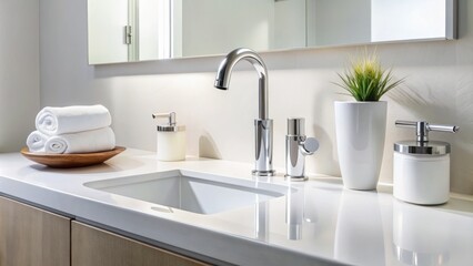 Fototapeta premium Modern restroom counter with sleek faucet, soap dispenser, and paper towel holder against a clean white backdrop, evoking a sense of freshness and hygiene.
