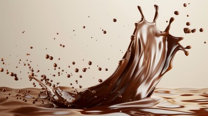 A splash of liquid chocolate creating dynamic waves as it strikes a smooth surface, captured in delicate detail against a neutral background