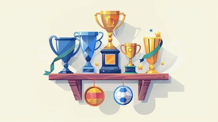s5t6u7 Illustration of a trophy shelf with various awards, symbolizing achievement and recognition, ideal for sports and academic themes. --ar 16:9 Job ID: 8cf219bc-ef8b-42f4-a608-efcbcf8c0ed2