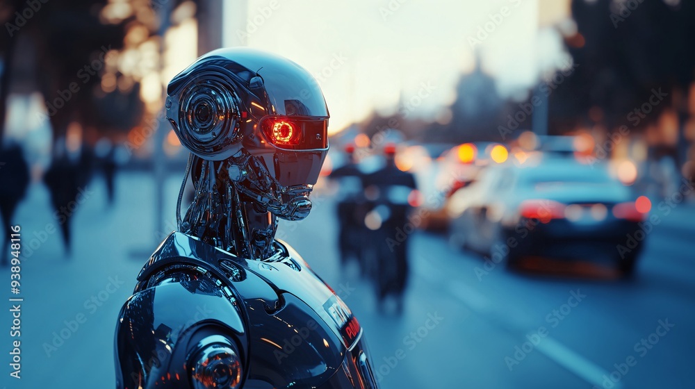 Aufkleber a sleek metallic robot in a police officer uniform patrolling a busy city street representing the fu