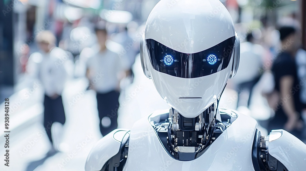 Poster a cyber cop robot standing guard in a bustling city center showcasing the strength and authority of 