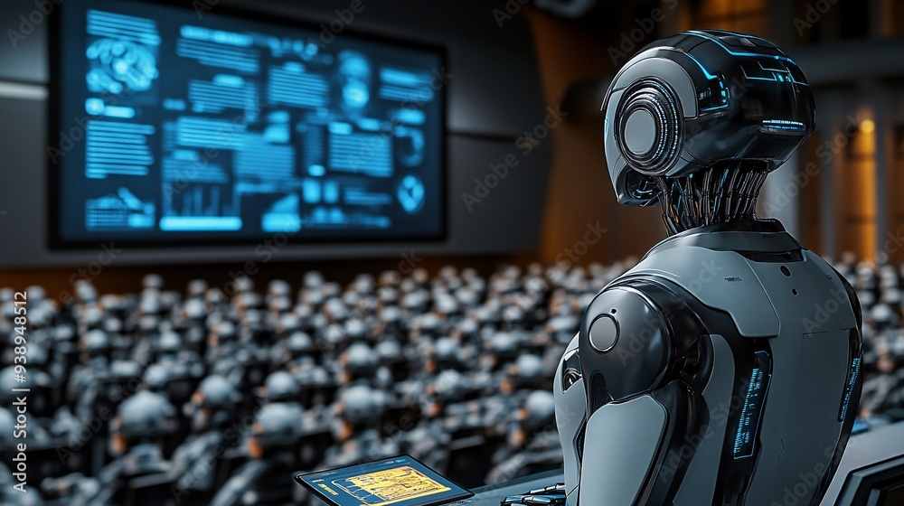 Poster a robotic executive in a business suit explaining data on a large screen during a corporate meeting 