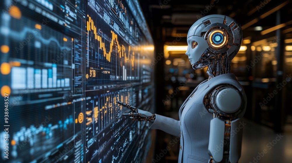 Poster A robotic executive in a business suit explaining data on a large screen during a corporate meeting representing the use of AI in business leadership Stock Photo with copy space