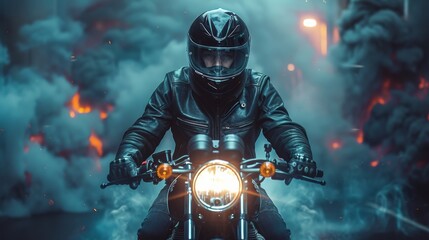 Fototapeta premium A motorcyclist in a leather jacket rides through a foggy urban street illuminated by the glow of headlights during twilight, creating a dramatic atmosphere filled with mystery