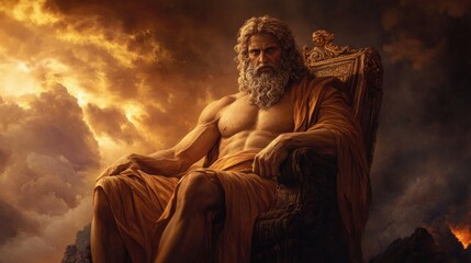 Zeus god of thunder sitting on throne with stormy clouds
