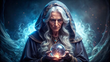 Mysterious elderly sorceress with long silver hair and ornate robes gazes intensely at a glowing crystal ball amidst a dark, mystical background.