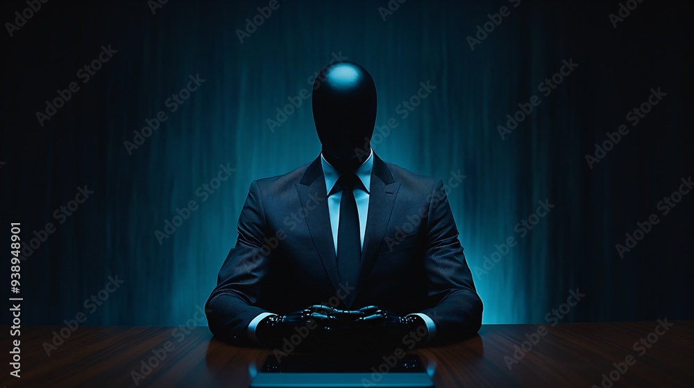 Poster a robotic executive in a professional suit leading a strategic discussion in a high-tech boardroom i