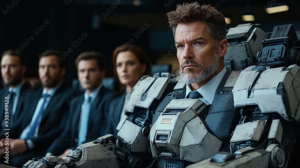Poster A business executive robot using advanced analytics during a corporate meeting symbolizing the power of AI in optimizing business strategies and decision-making Stock Photo with copy space