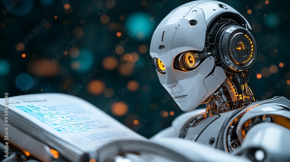 Poster A business executive robot using advanced analytics during a corporate meeting symbolizing the power of AI in optimizing business strategies and decision-making Stock Photo with copy space