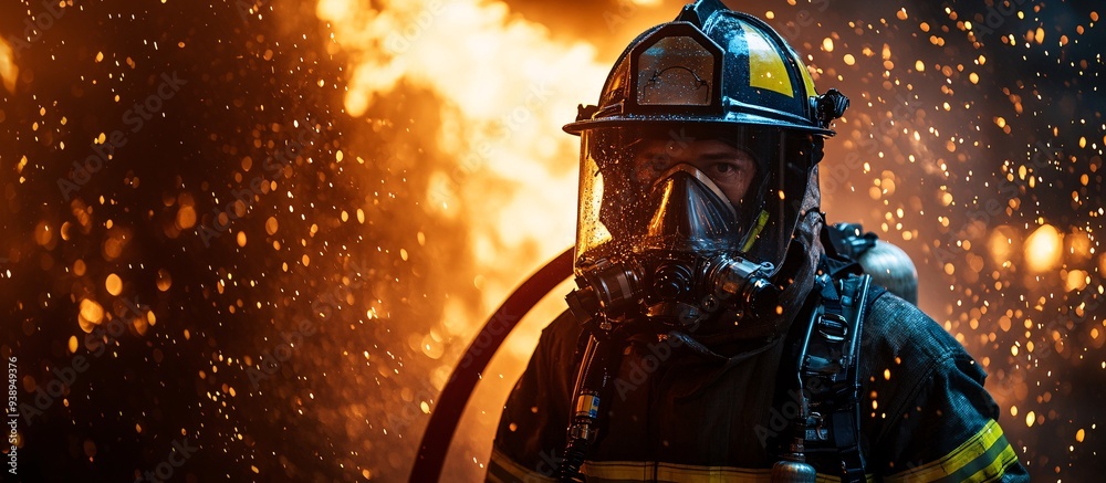 Poster a firefighting android in full protective gear battling flames with high-tech equipment on a hazardo