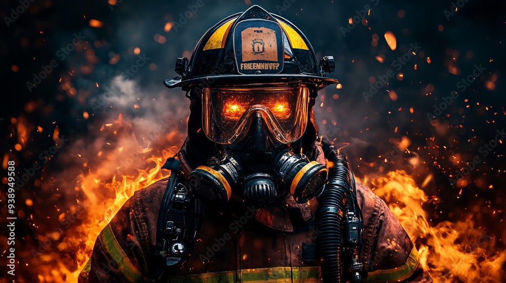 Poster a firefighting android in full protective gear battling flames with high-tech equipment on a hazardo