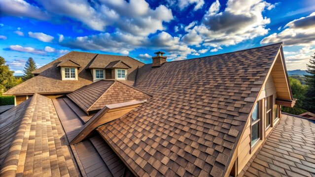Newly installed brown asphalt roofing shingles adorn a residential rooftop, with a subtle sheen and layered texture, against a clear blue sky with few white clouds.