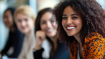 Obraz premium Multi-ethnic group of businesswomen collaborating and smiling in office 