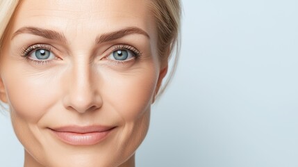 Obraz premium A woman with a beautiful face and blue eyes. She is smiling and looking at the camera. Concept of happiness and confidence