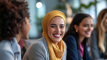 Multi-ethnic group of businesswomen collaborating and smiling in office 