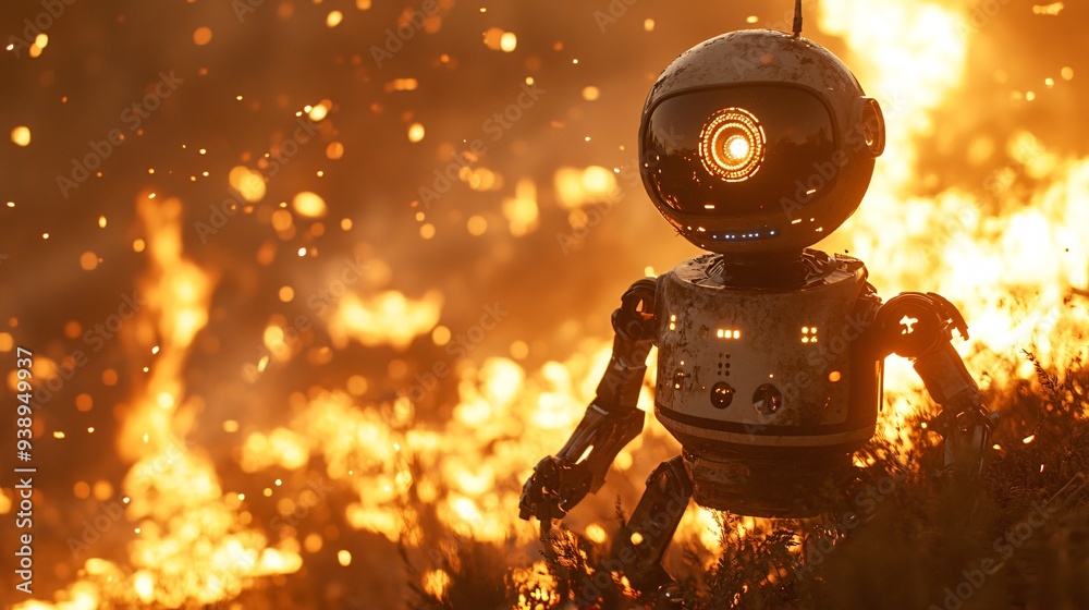Poster A firefighting robot in action controlling a dangerous fire with precision and strength highlighting the use of robotics in ensuring safety during fire emergencies Stock Photo with copy space