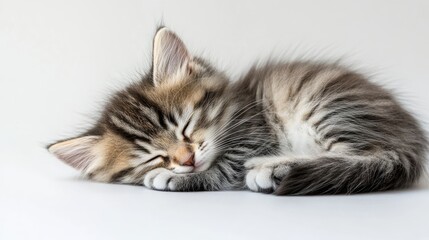 A fluffy kitten curled up and sleeping on a white background, with space for copy above or beside it