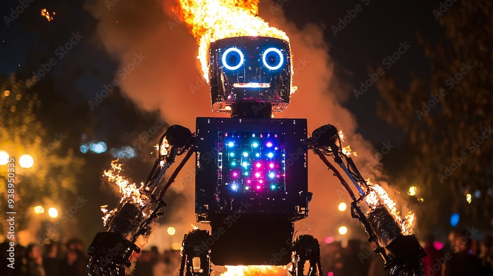 Poster A firefighting robot using advanced tools to suppress a fire in a hazardous environment emphasizing the role of robotic technology in modern emergency services Stock Photo with copy space