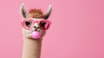 A pink and white llama wearing pink glasses and a pink bubblegum. The llama is smiling and looking at the camera