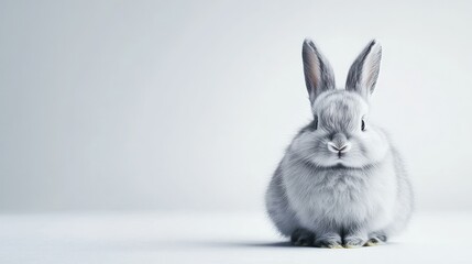 Obraz premium A fluffy rabbit sitting quietly on a white background, its soft fur contrasted against the bright space. Ideal for text placement.