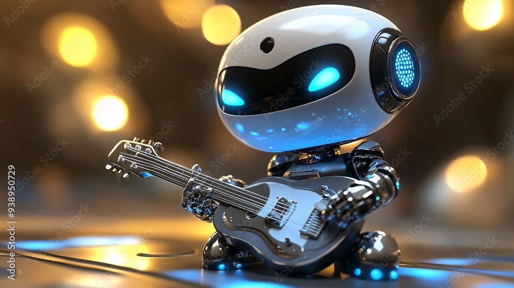 Poster A robot in a rock star outfit jamming on an electric guitar under stage lights symbolizing the intersection of robotics and artistic performance in music Stock Photo with copy space