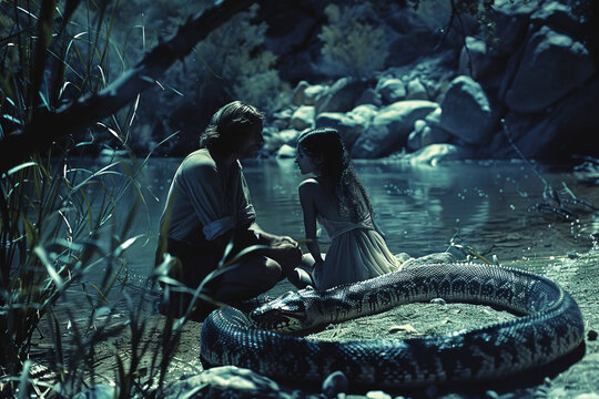 Adam and Eve with the serpent tempter in the garden of paradise with apples with a lake. Christian religious legendary story.