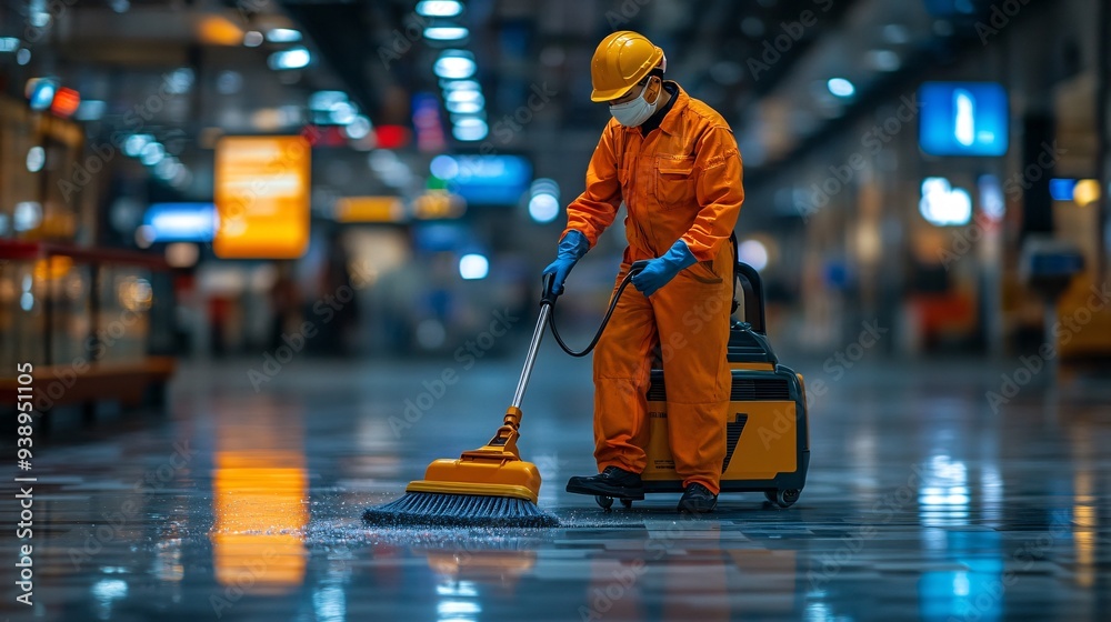 Aufkleber A cleaning assistant droid in a janitor uniform efficiently cleaning the floors of a high-tech building symbolizing the future of automated maintenance and hygiene Stock Photo with copy space