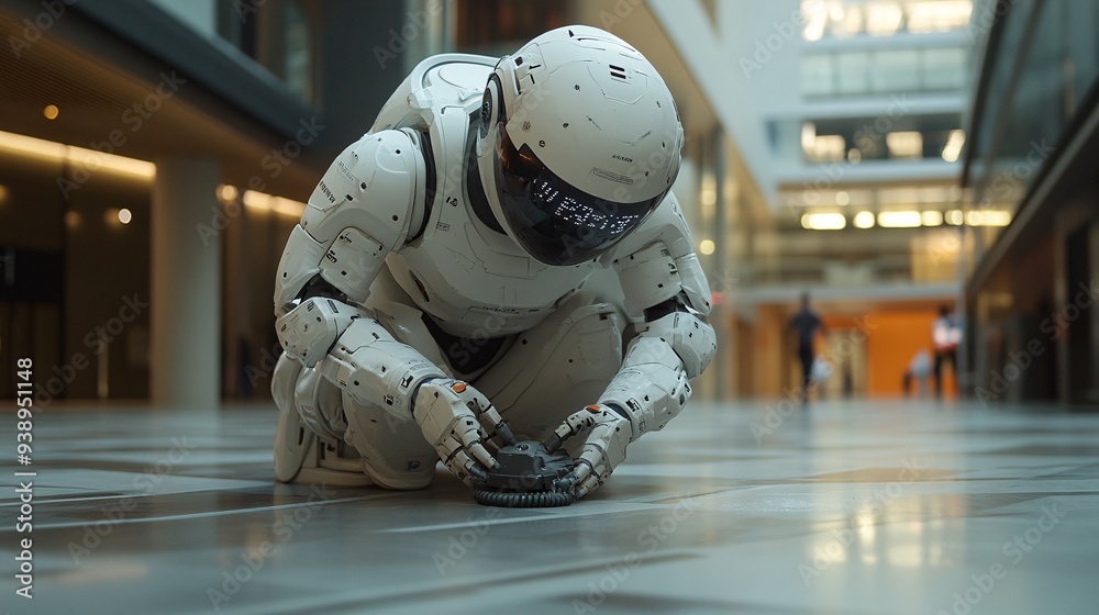 Poster A cleaning assistant droid in a janitor uniform efficiently cleaning the floors of a high-tech building symbolizing the future of automated maintenance and hygiene Stock Photo with copy space