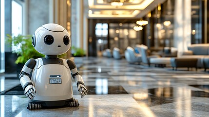 A robot janitor dressed in uniform performing routine cleaning tasks in a futuristic office environment showcasing the precision and reliability of automated cleaning solutions Stock Photo with copy