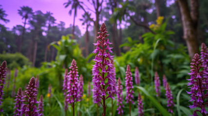 Fototapeta premium Purple forest flowers growing vertically in the foreground And behind is a forest in purple tones. purple sky,