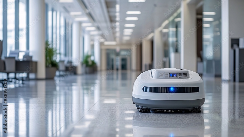 Fototapete a robot janitor dressed in uniform performing routine cleaning tasks in a futuristic office environm