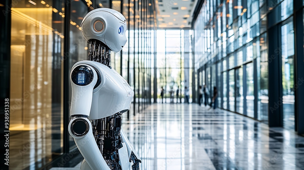 Poster a cleaning robot in janitorial attire maintaining cleanliness in a modern high-tech facility demonst