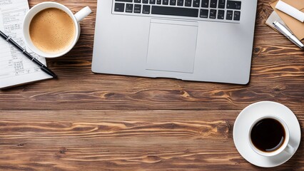 Wood office desk table with laptop computer, cup of coffee and supplies. Top view with copy space, flat lay