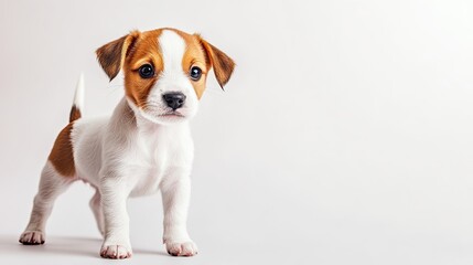 A playful puppy standing on a white background, wagging its tail with ample space for text or branding.