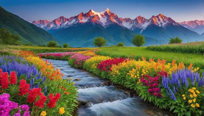 Naklejka premium A vibrant landscape of flowers and have river and mountain in background.