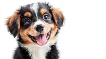 Fototapeta premium A playful puppy with its tongue out on a white background, with generous space for copy or messaging.
