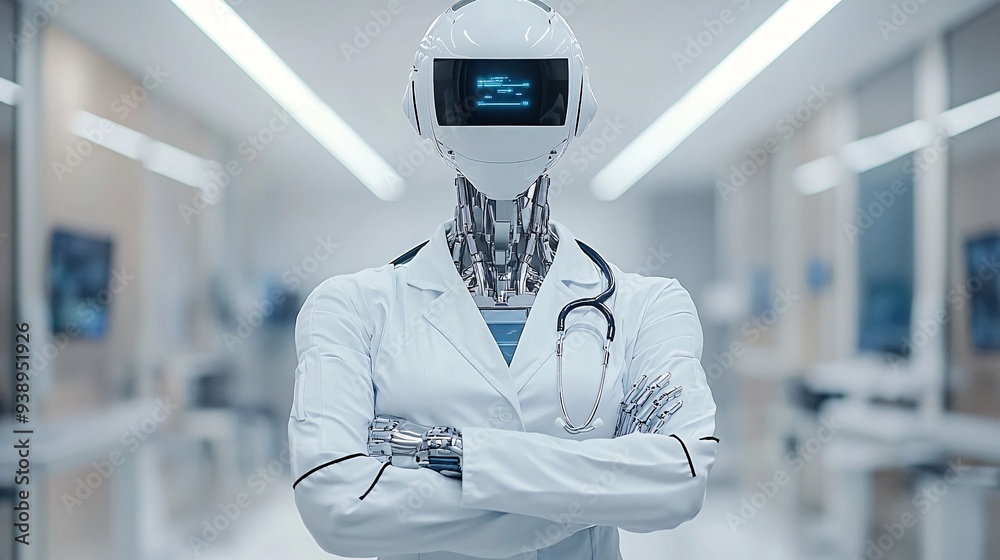 Leinwandbilder a medical assistant android in a white coat consulting with a patient in a futuristic clinic represe