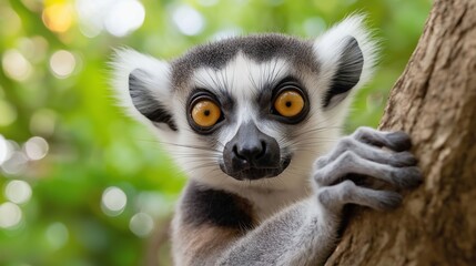 Naklejka premium A baby lemur is peeking out from behind a tree trunk. Concept of curiosity and playfulness, as the young animal looks out into the world