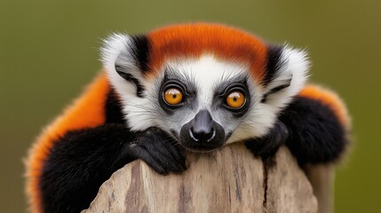 Fototapeta premium A baby lemur is laying on a log. The animal has a black and white face with a yellow nose and eyes