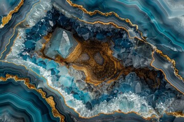 Natural blue agate geode displays stunning patterns and golden accents, showcasing quartz crystals within its layers
