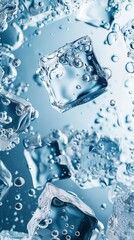  white background, underwater, Cool sparkling water, bubble, clear ice, many Ice blocks, crystal clear , bright tone