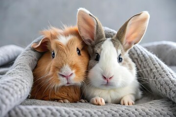 Two adorable rabbits snuggled under a blanket. Cozy and cute pet